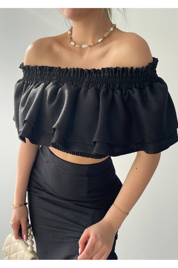 vuvutasarım Black Linen Fabric Frilly Blouse and Slit Detailed Midi Skirt Design Double Set 228
