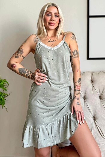 Pijamaevi Flecked Patterned Strappy Lace Detailed Women's Nightgown