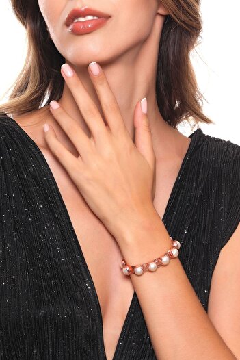 LABALABA Women's Rose Color Lacquer Coated Rows Pearl Detailed Adjustable Cuff Bracelet