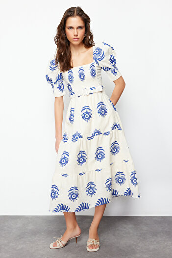 Trendyol Collection Μπλε μοτίβο τετράγωνο λαιμόκοκκο λινό look ζωσμένο Midi υφαντό φόρεμα TWOSS24EL00779