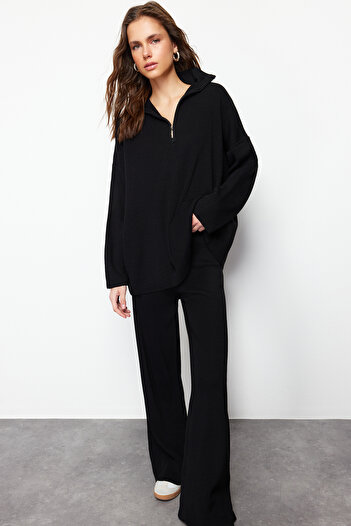 Trendyol Collection Black Wide Fit Zippered Basic Knitwear Bottom-Top Set Twoss24Au00078