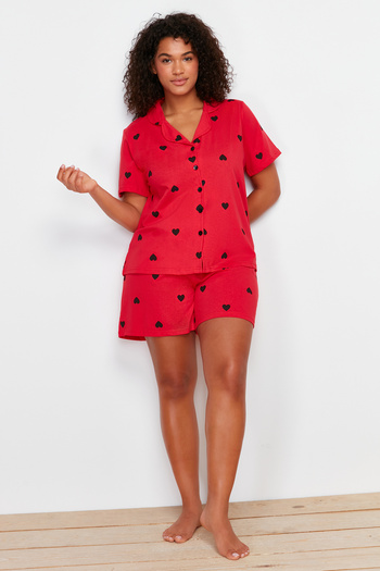 Trendyol Curve Red Heart Print Shirt Collar Knitted Pajamas Set Tbbss24Ai00026