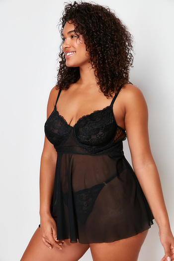 Trendyol Curve Black High Waist Lace Underwire Adjustable Babydoll&Tanga Set Tbbss24Dh00001