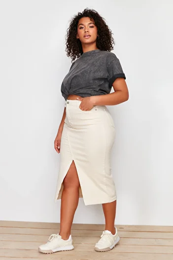 Trendyol Curve Ecru Front Slit Detailed Midi Denim Skirt TBBSS24AZ00033