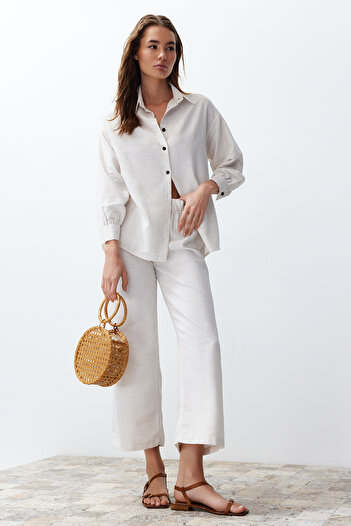 Trendyol Collection Linen Woven Shirt and Trousers Set - Ecru Twoss24Au00065