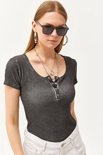 Olalook Women's Washed Anthracite Camisole Blouse with Snap Fasteners BLZ-19000171