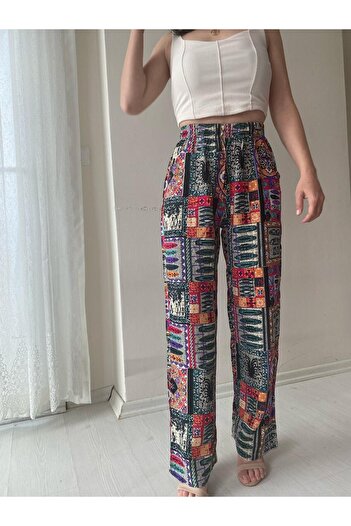 Fendimod Women's Patterned Wide Leg High Waist Trousers
