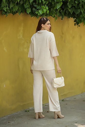 ALCHON V Polo Neck Short Sleeve Basic Blouse Pipe Leg Elastic Waist Trousers Summer Knitwear Double Set