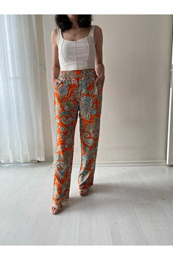 Fendimod Women's Patterned Wide Leg High Waist Trousers