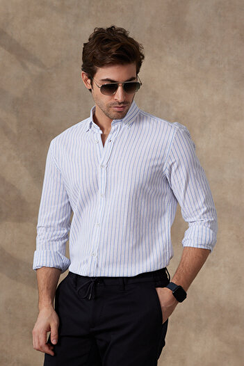 RAVANELLI Erkek Gömlek Çizgili Pamuk Keten Modern Slim Fit Gömlek