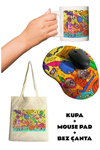 rakkun shop Къркуна с печат, подложка за мишка с подложка за китката + чаша + платнена чанта