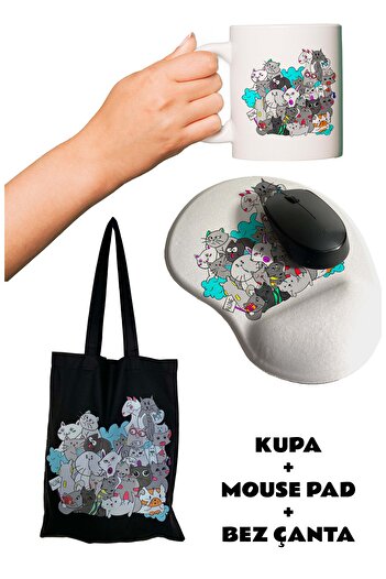 rakkun shop Мишка подложка с котешки принт и подложка за китката + чаша с капак + черна платнена чанта
