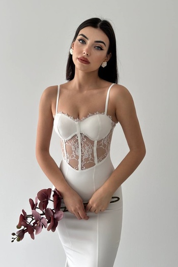 lovebox Women's Atlas Fabric Transparent Lace Designed Strappy Midi White Evening Dress 229