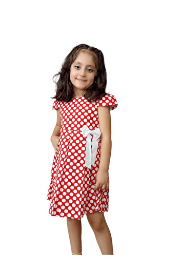 Gamzelim Çaren Kids- Rochie din bumbac cu buline căptușită pentru fete cu accesorii cu fundă