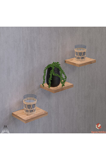 Egecan Mobilya Atlantic Pine Flying Wall Shelf 3 Pieces Decorative Shelf Flower Pot Candle Holder Decorative Flower Pot
