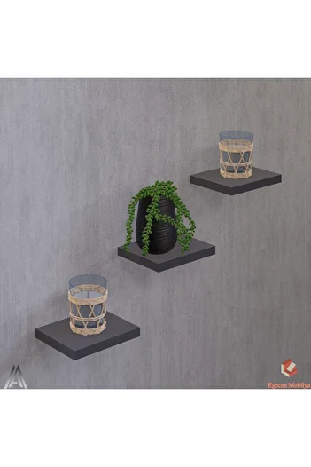 Egecan Mobilya Anthracite Flying Wall Shelf 3 Pieces Decorative Shelf Flower Pot Candle Holder Decorative Flower Pot