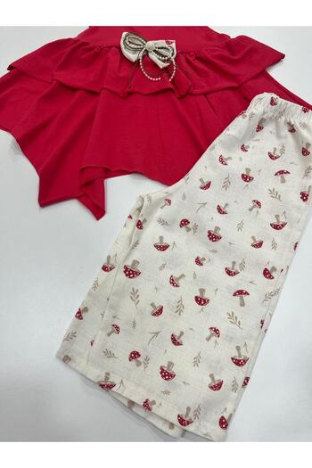 Esterella GIRL'S STRAP WITH BOW/THIN STRAP COMBED BLUZ / LINEN SHORTS SET