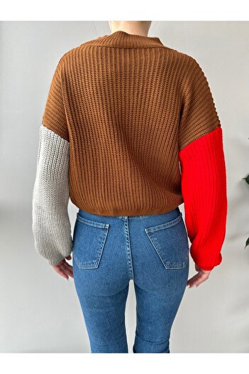Jose Clothing Pulover de tricotaj pentru femei, cu mâneci lungi, cu textura moale, blocuri de culoare maro, bej și roșu