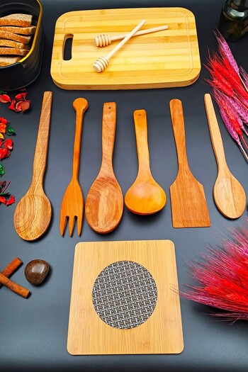 SWENCRAFT 10-Piece Natural Wooden Luxury Cutting Board Kitchen Serving Ladle Honey Spoon Trivet Dowry Set Handcrafted