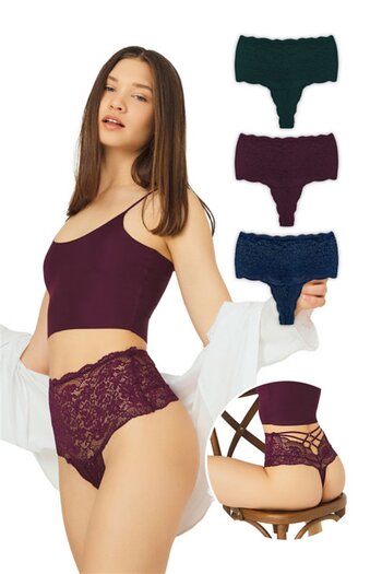 Cottonhill Lace Elastic Detailed High Waist Women's Thong 3 Pack Panties - 2