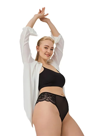 Cottonhill Large Size Women's Brazilian Panties with Black Lace Tulle Detail