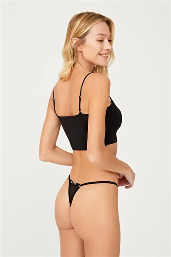 Cottonhill Black Tulle Removable Love Writing Detailed Thong Panties