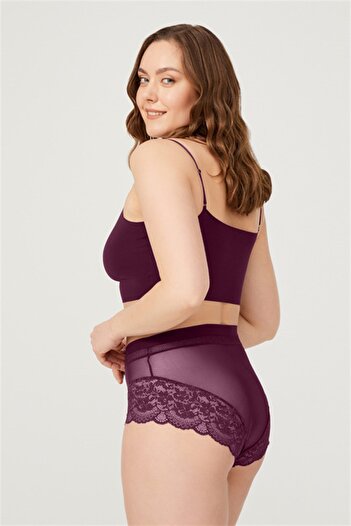 Cottonhill Plum Lace Detailed Transparent Large Size Bikini Panties