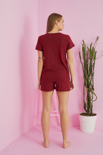 Siyah İnci Burgundy point patterned Cotton Shorts-Pajamas Set