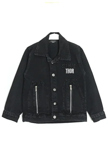 DobaKids Zipper and Embroidery Detailed Unisex Shirt Collar Children's Jeans Jacket 3-12 Years Black