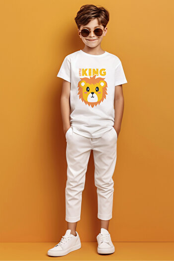 ADABEBEK Little King Written Lion Patterned Boy's T-Shirt