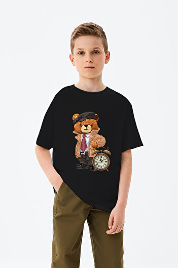 ADABEBEK Toy Teddy Bear Printed Boys' T-Shirt with Alarm Clock and Hat