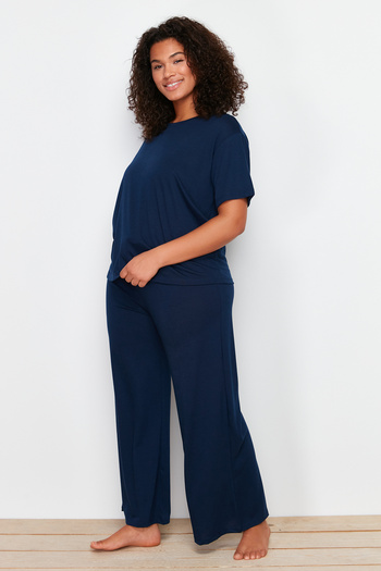 Trendyol Curve Σετ πλεκτή πιτζάμες 3 τεμαχίων Navy Blue Crew λαιμόκοψη TBBSS24AI00041