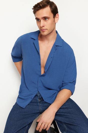 Trendyol Collection Indigo Oversize nyári vászon megjelenés Apache galléros ing - TMNSS23GO00053