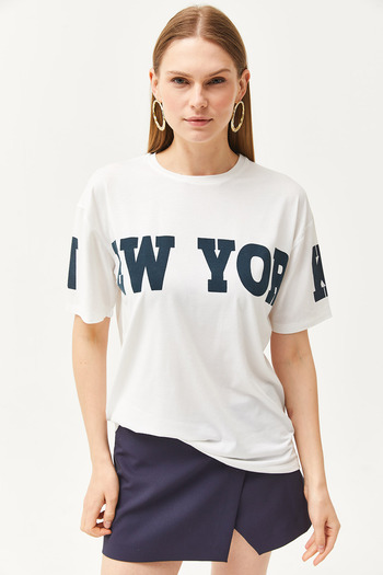 Olalook Women's Ecru New York Printed T-Shirt TSH-19000791