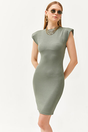 Olalook Women's Khaki Crew Neck Padded Mini Dress ELB-19002097