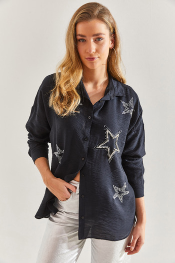 Bianco Lucci Women's Star Stone Embroidered Linen Ayrobin Shirt60171040