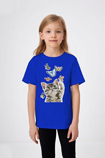 ADABEBEK Girl's T-Shirt with Kitten Playing with Butterflies Printed