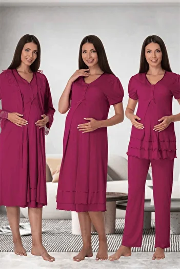 Lohussa Women's Fuchsia Waist Adjustable Cotton Maternity Maternity Dressing Gown Pajama Set Nightgown Set of 4