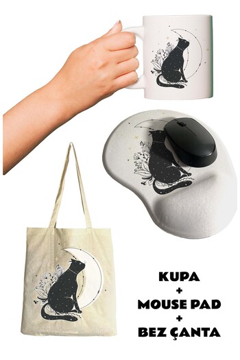 rakkun shop Мишка с подложка за китката с мотив на луната и котка + чаша с капак + платнена чанта