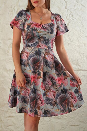ESPİNA Women's Sublimated Printed Front Pleated Mini Dress