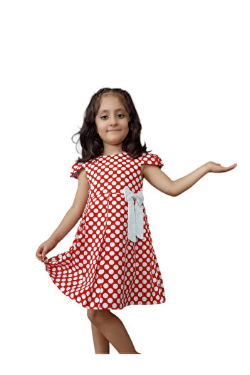 Gamzelim Çaren Kids- Rochie din bumbac cu buline căptușită pentru fete cu accesorii cu fundă