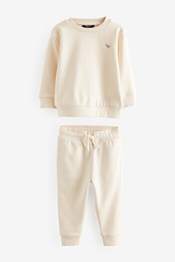Next Baby Cotton Cream Brown Sweatshirt Jogger Top and Bottom Set