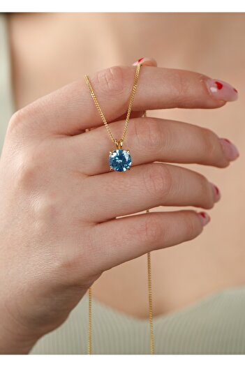LİNOVE JEWELLERY Bluetopaz Gümüş Kolye 925 Ayar Gümüş Doğum Taş Kolye, Deniz Mavisi Kolye, December Gümüş Kolye