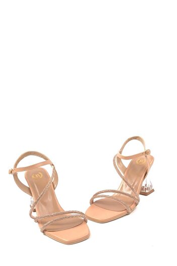 bescobel Women's Nut Fensa Twist Transparent Heel Ankle Lacing Stone Detailed Sandals Shoes