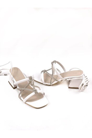 bescobel Women's Kemes White Heeled Ankle Strap Stone Sandals Shoes