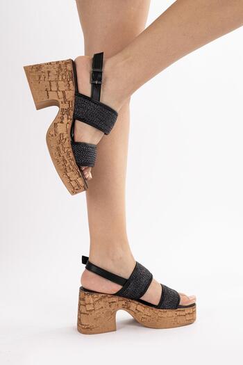 Getcho Kepa Women's Black Straw Detailed Thick Heeled Sandals Summer Comfortable Platform Shoes Daily Model