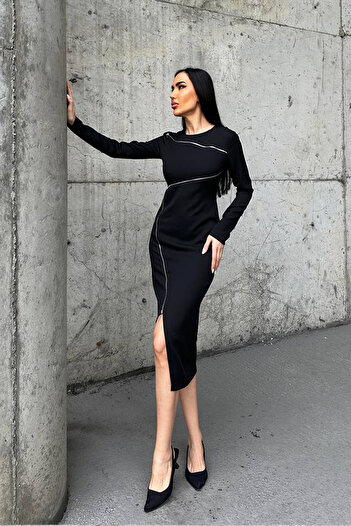 Ortaya Çık Black Slit Zipper Detailed Design Midi Dress