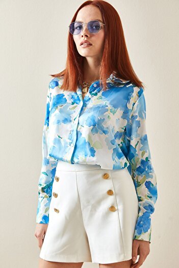 XHAN Blue Floral Patterned Satin Shirt 5YXK2-48203-12