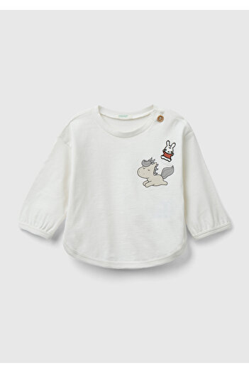 United Colors of Benetton Baby Cream Graphic Printed Logo Detailed Long Sleeve T-Shirt with Snaps on the Shoulder
