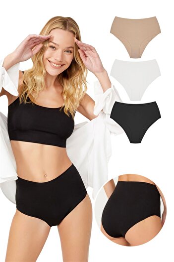 Cottonhill Chiloți de bikini de bază tăiați cu laser cu talie înaltă, pachet de 3 - 6